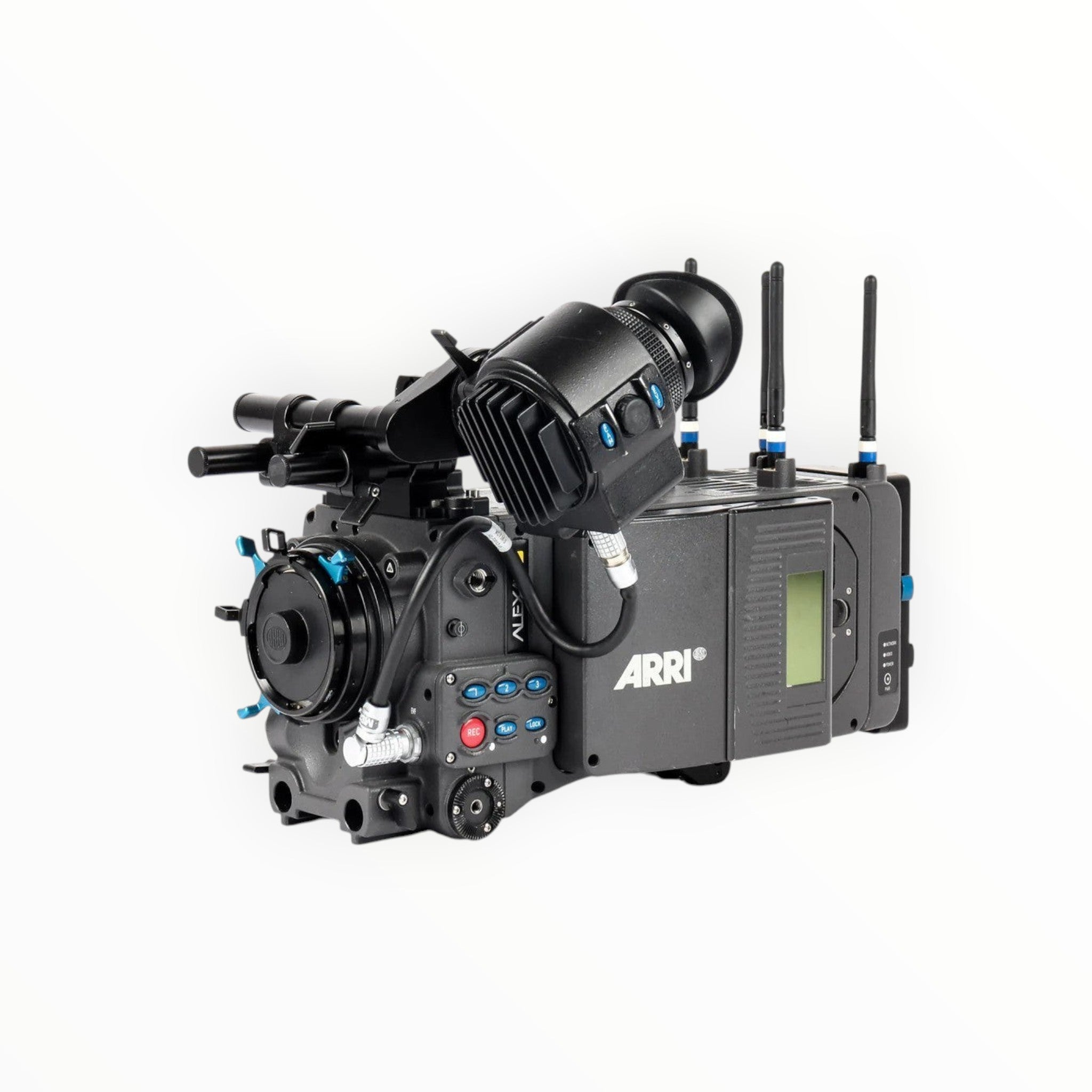 Cymer ARRI ALEXA LF digital cinema camera with large-format sensor, viewfinder, and wireless antennas on white background