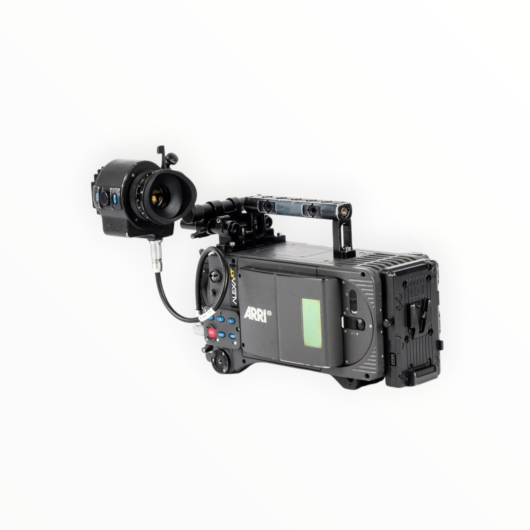 Cymer ARRI ALEXA XT professional digital cinema camera with side viewfinder and top handle on white background