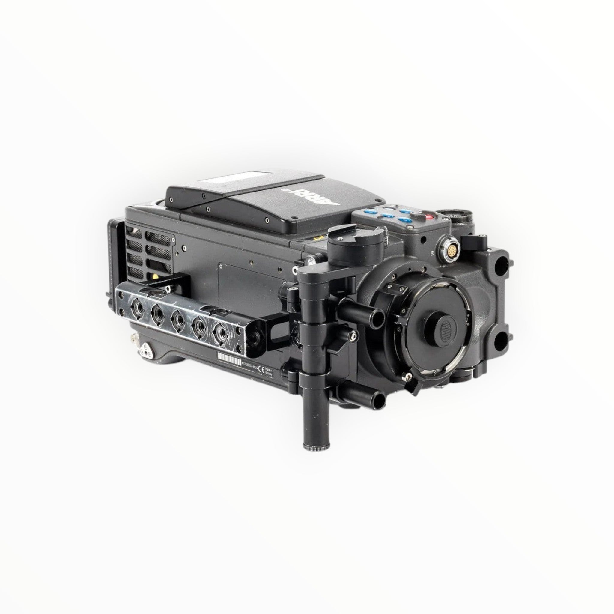 Cymer ARRI ALEXA XT professional digital cinema camera in black with lens mount and side rigging on white background