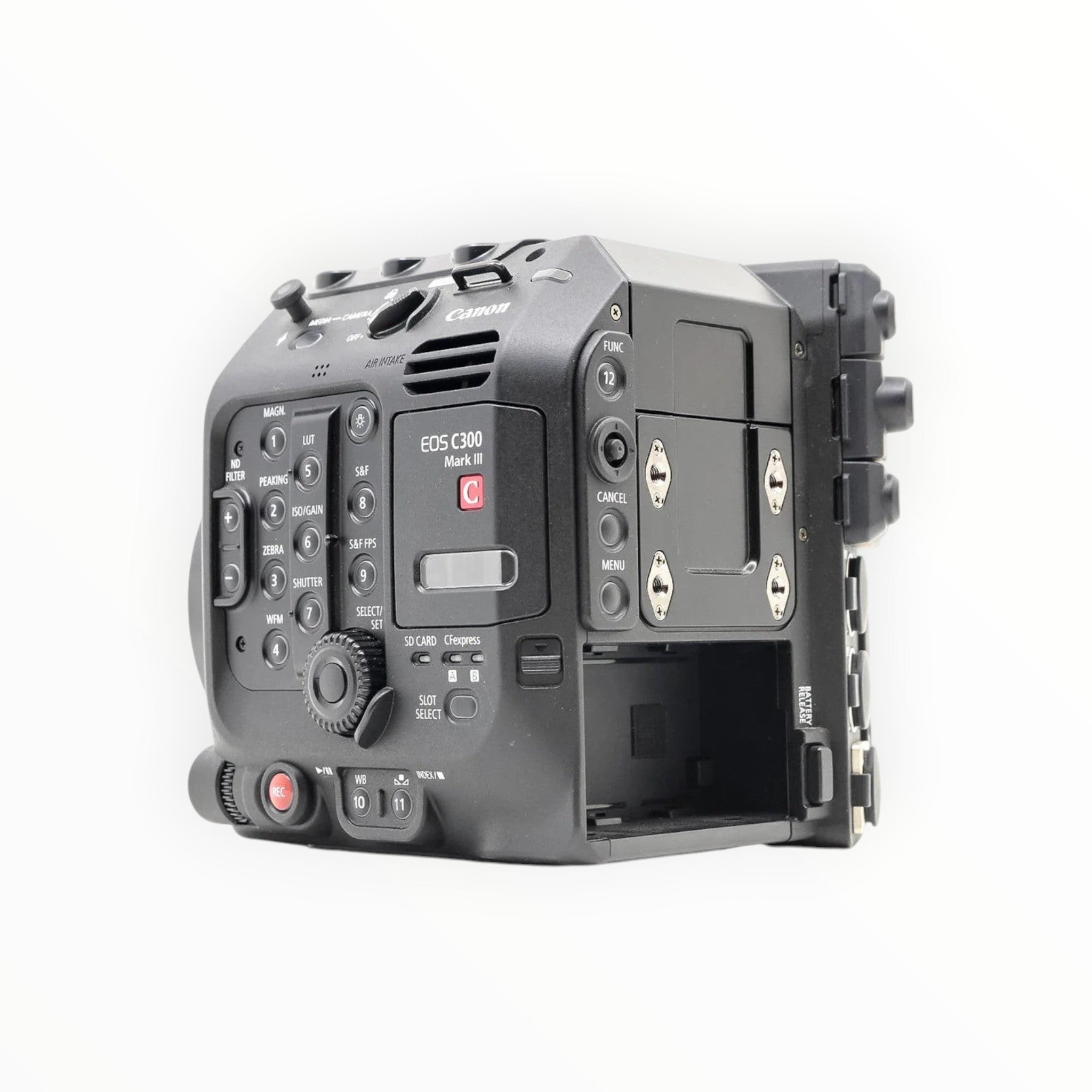 Cymer Canon EOS C300 Mark III cinema camera body featuring a modular black design with professional control buttons.
