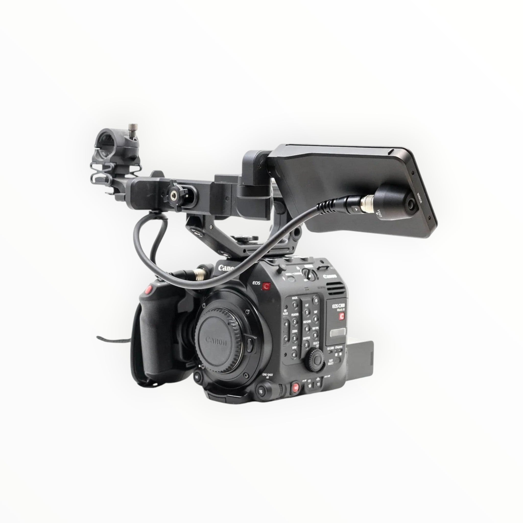 Cymer Canon EOS C300 Mark III cinema camera with modular handle, LCD monitor, and lens cap on white background