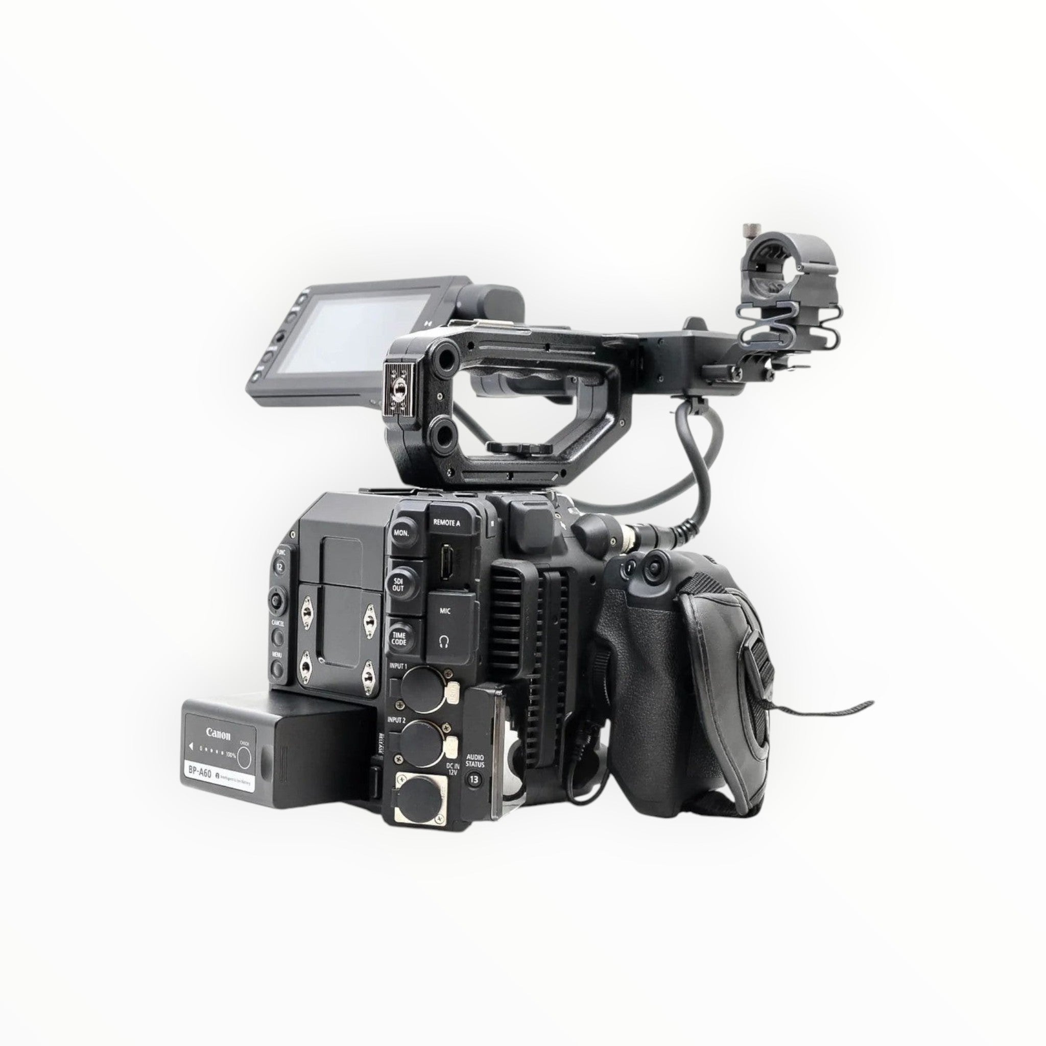 Cymer Canon EOS C300 Mark III professional cinema camera with modular handle, LCD screen, and battery side view