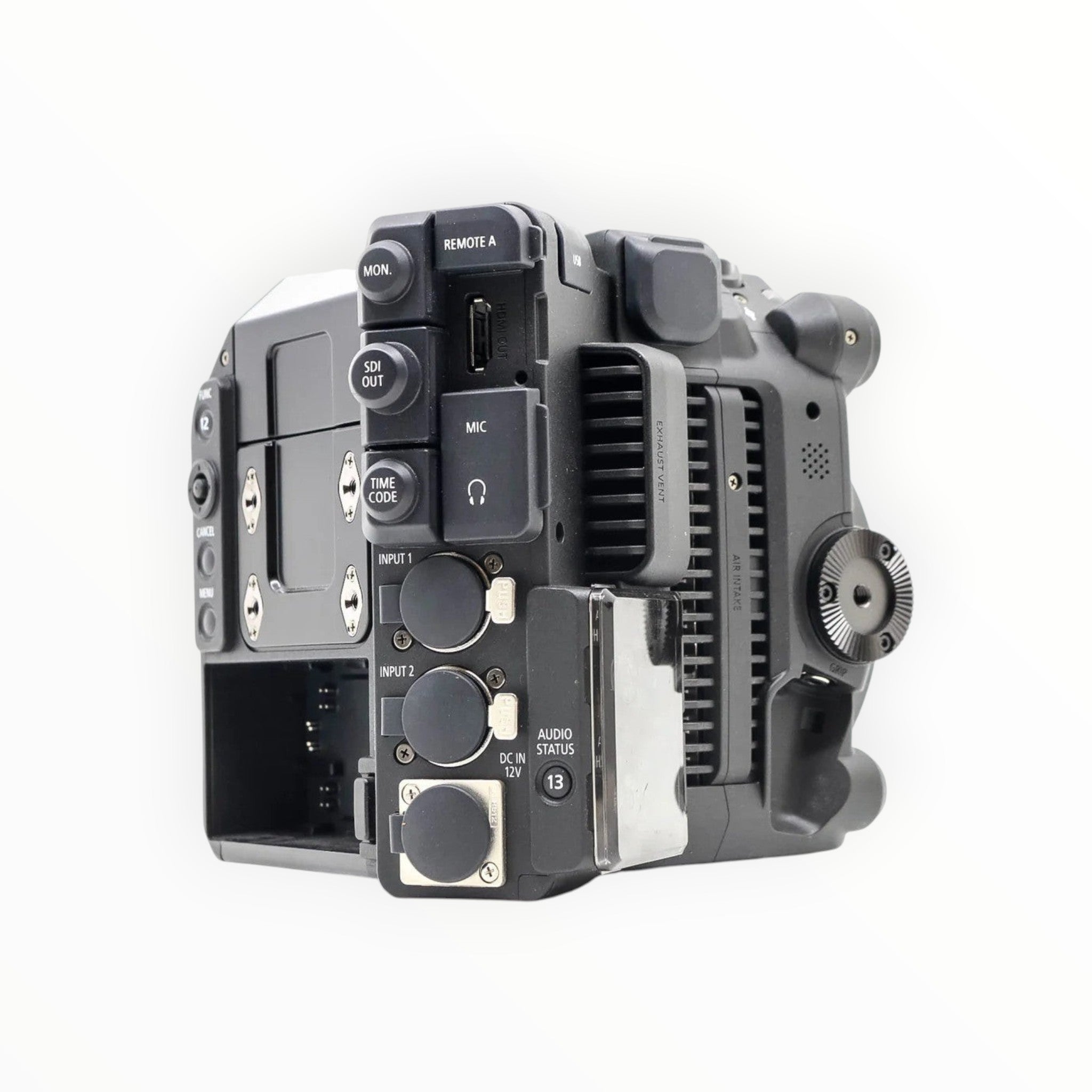 Cymer Canon EOS C300 Mark III cinema camera side view showing audio inputs, SDI, and modular control ports.