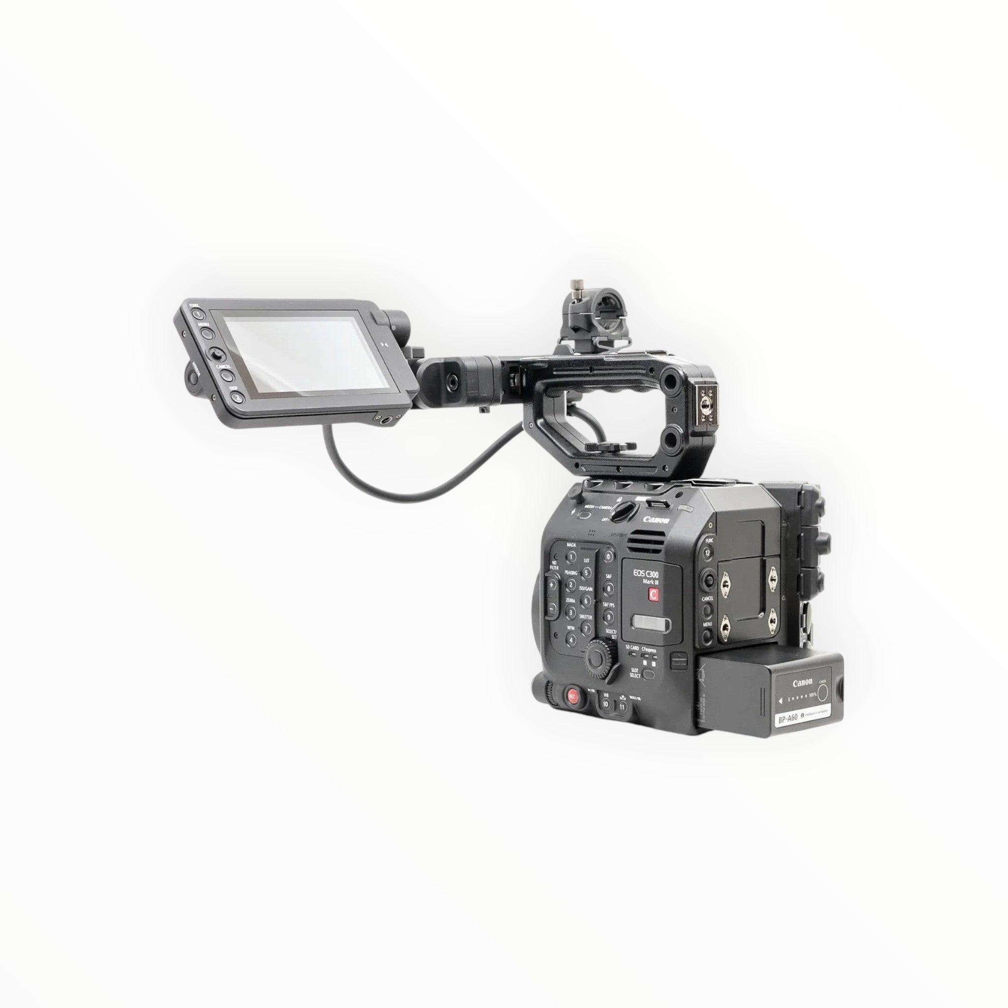 Cymer Canon EOS C300 Mark III cinema camera with modular handle, LCD monitor, and battery pack on a white background.