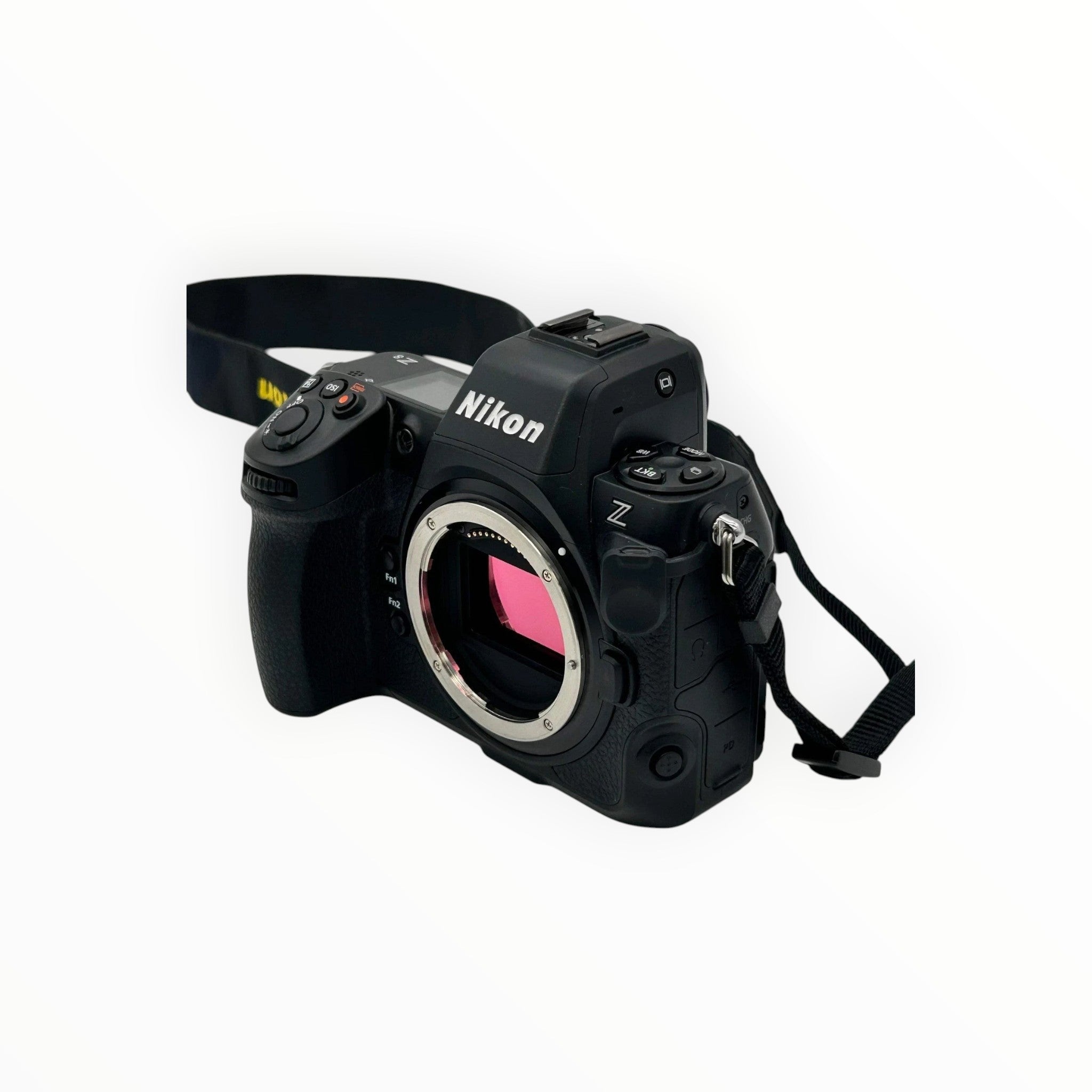Cymer Nikon Z8 mirrorless camera body in black with lens mount exposed, showing professional design and strap.