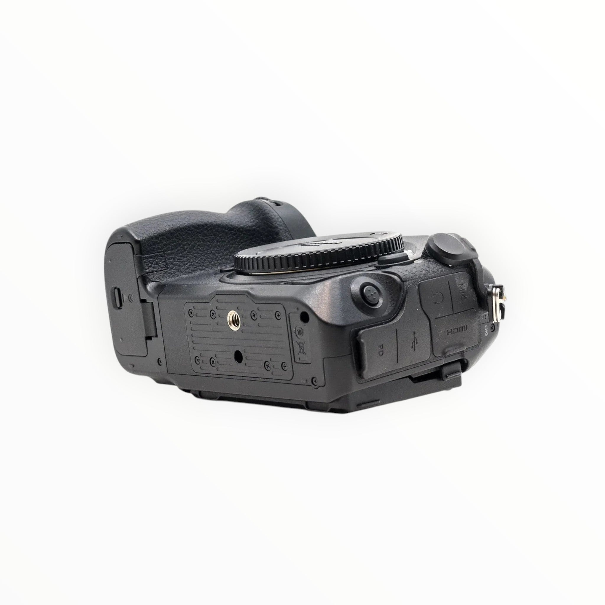 Cymer Nikon Z8 mirrorless camera body in black, shown from a side angle highlighting ports and ergonomic grip.