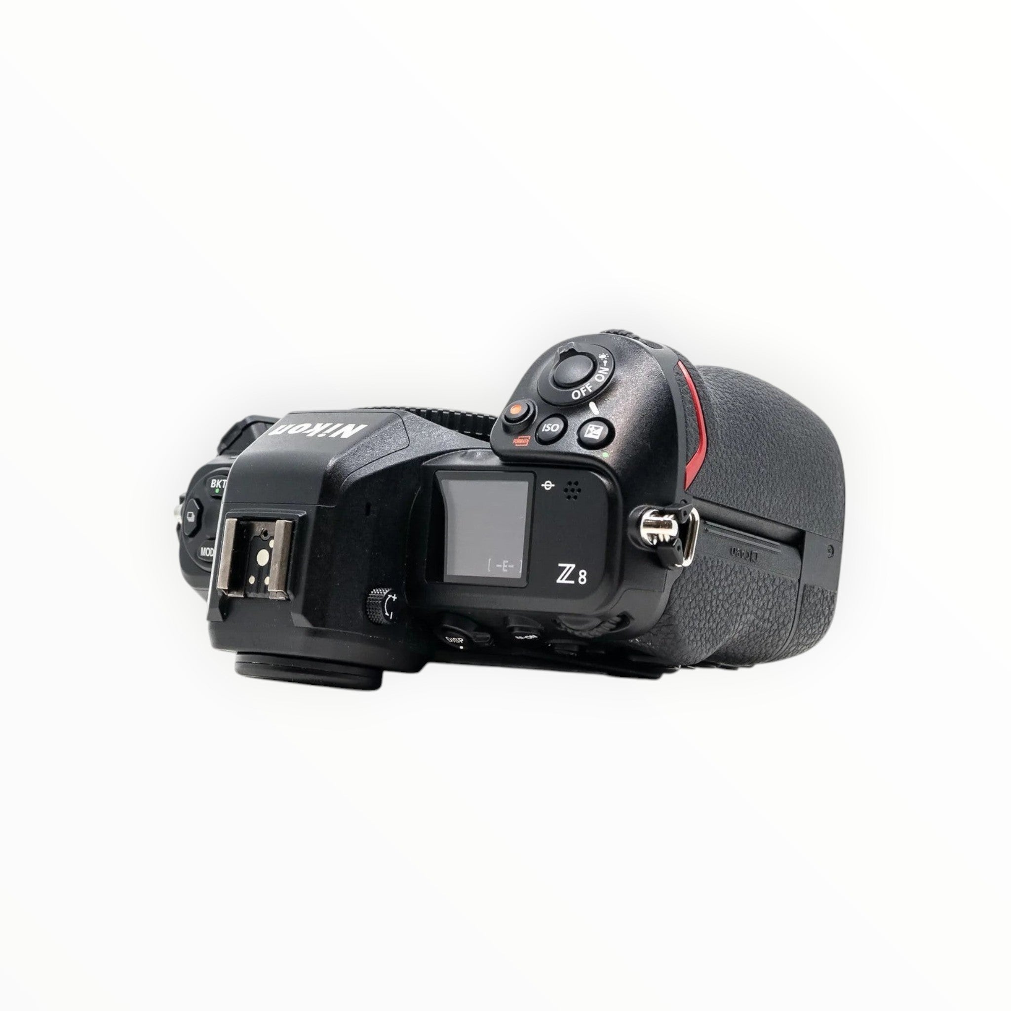 Cymer Nikon Z8 mirrorless camera body top view showing dials, LCD screen, and ergonomic black textured grip