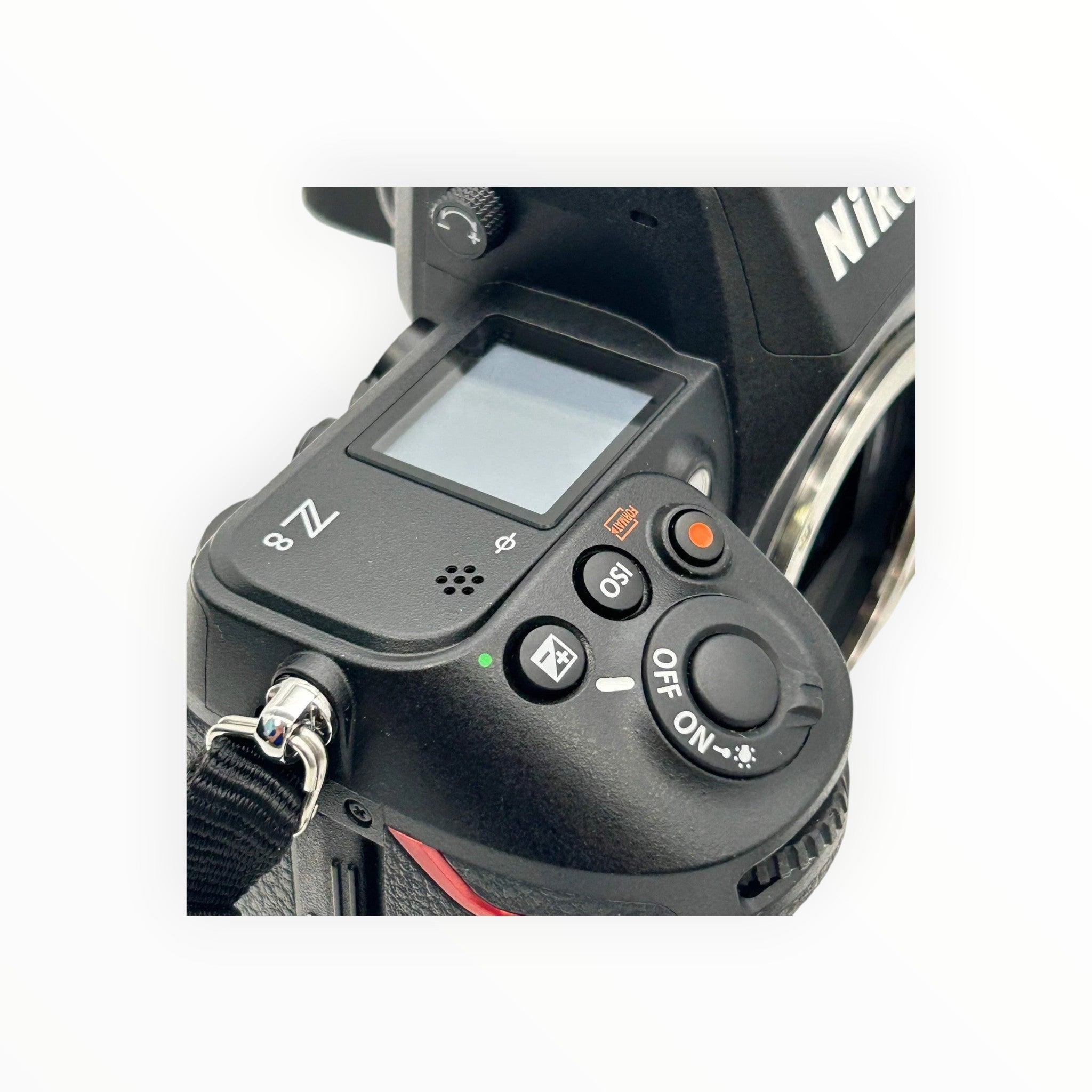 Cymer Nikon Z8 mirrorless camera top view showing shutter button, ISO, and status display screen