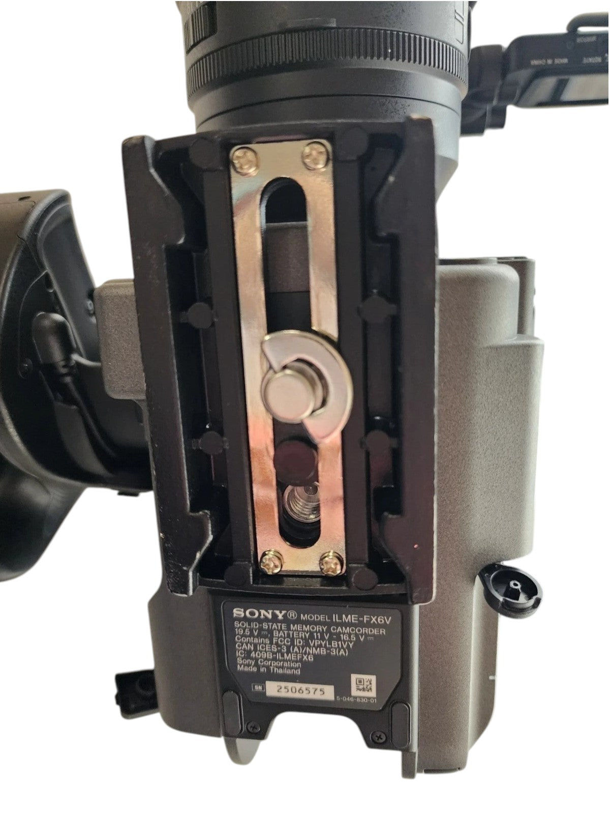 Cymer Sony FX6 cinema camera base plate and mounting bracket detail showing professional build and technical labels