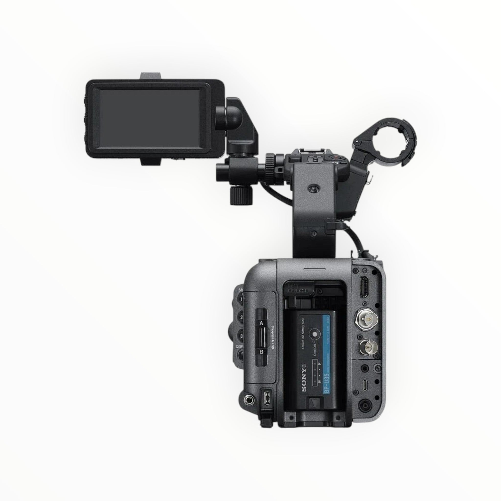 Cymer Sony FX6 cinema camera rear view showing battery slot, LCD screen, and professional connectivity ports.
