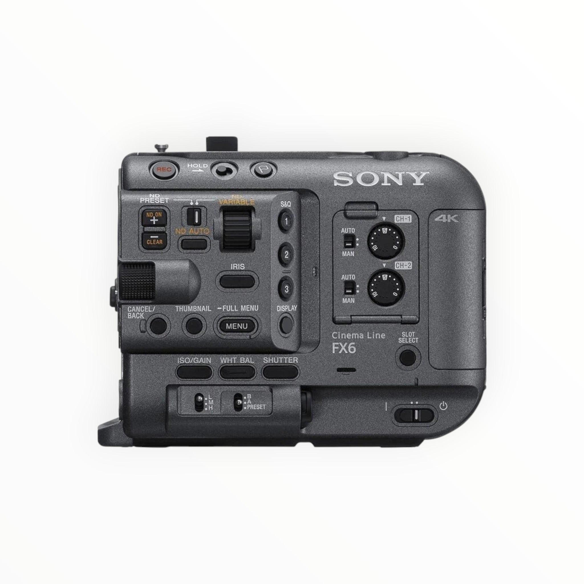 Cymer Sony FX6 Cinema Line full-frame video camera side control panel with audio dials and ND filter settings