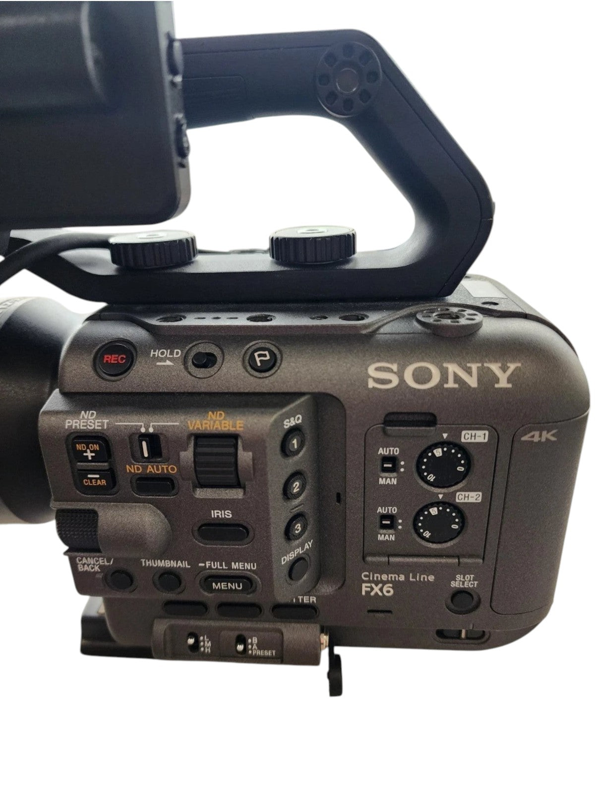 Cymer Sony FX6 Cinema Line professional 4K video camera side view showing audio controls and variable ND filter dial