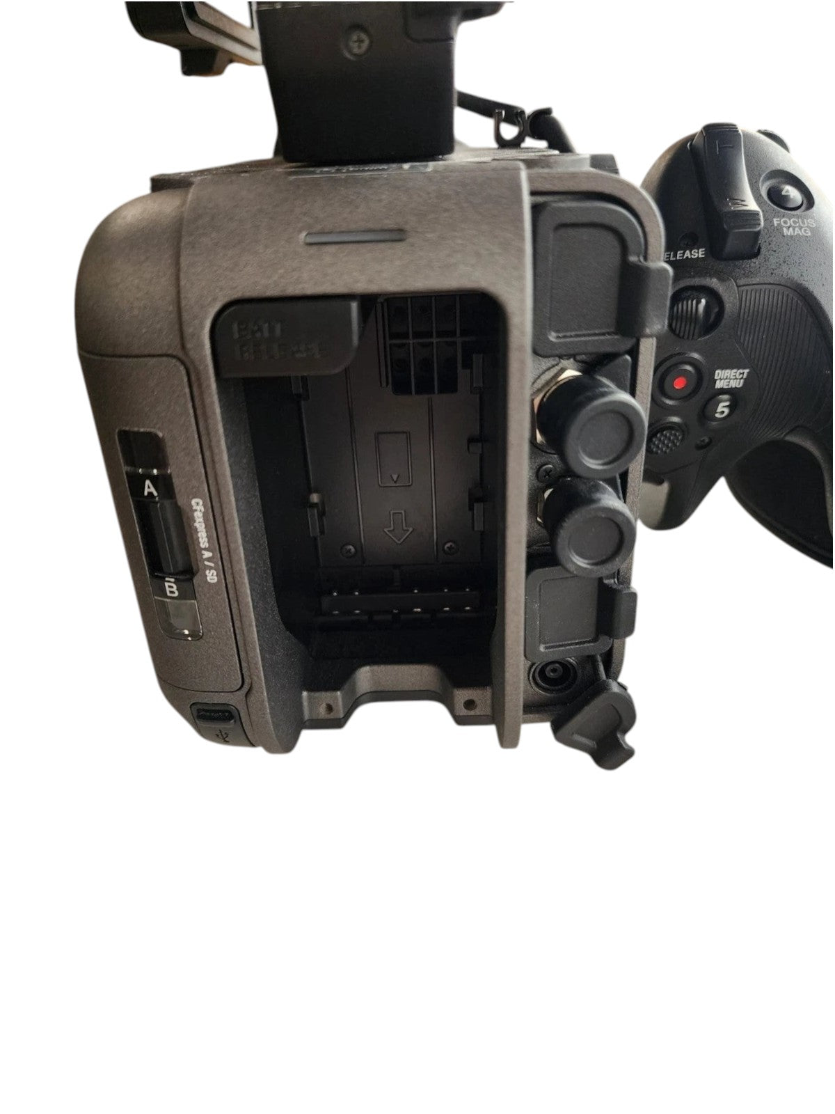 Cymer Sony FX6 cinema camera battery compartment and side control panel with CFexpress card slots