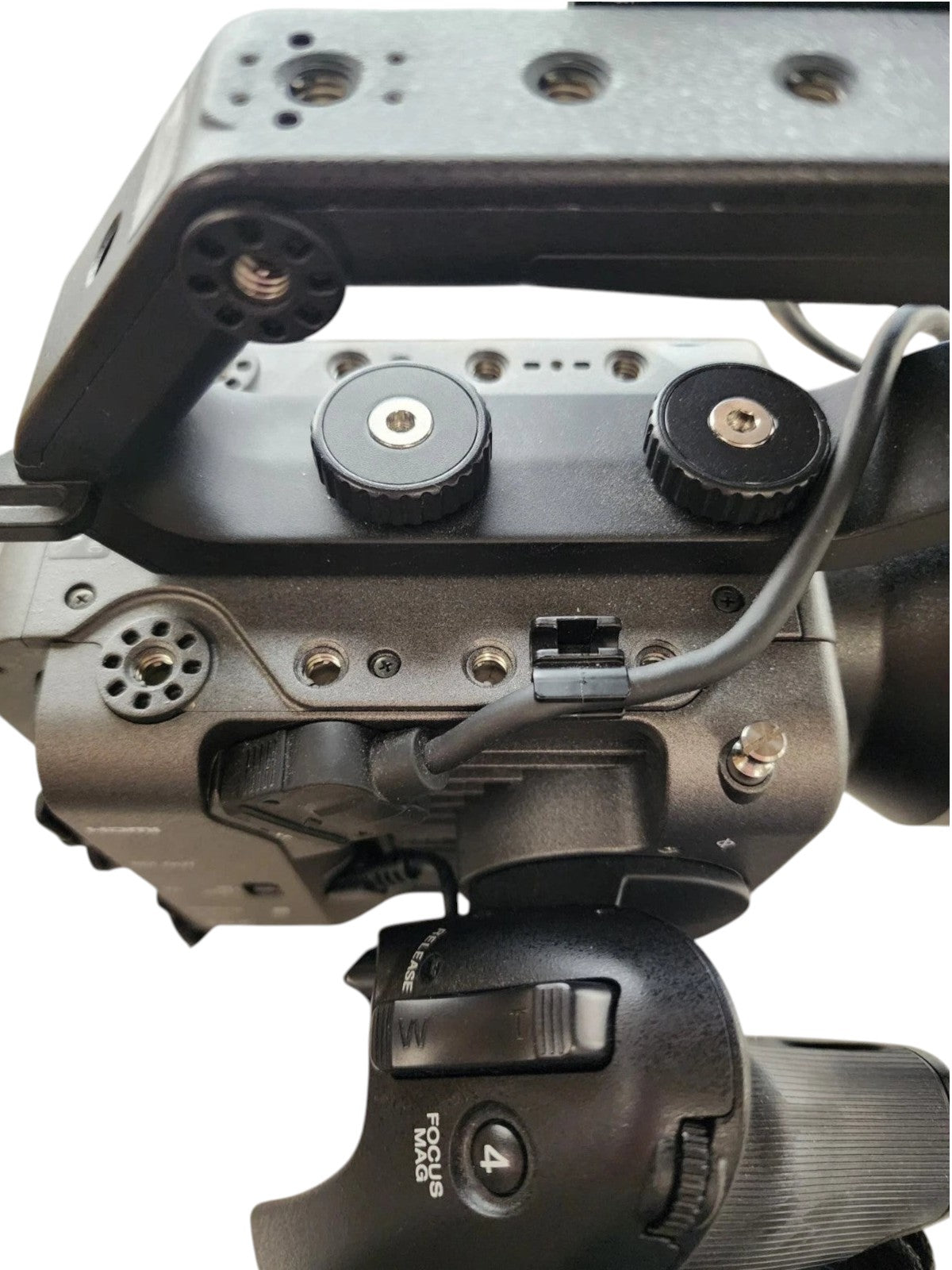 Cymer Sony FX6 cinema camera top view showing mounting points, control dials, and ergonomic handle design.
