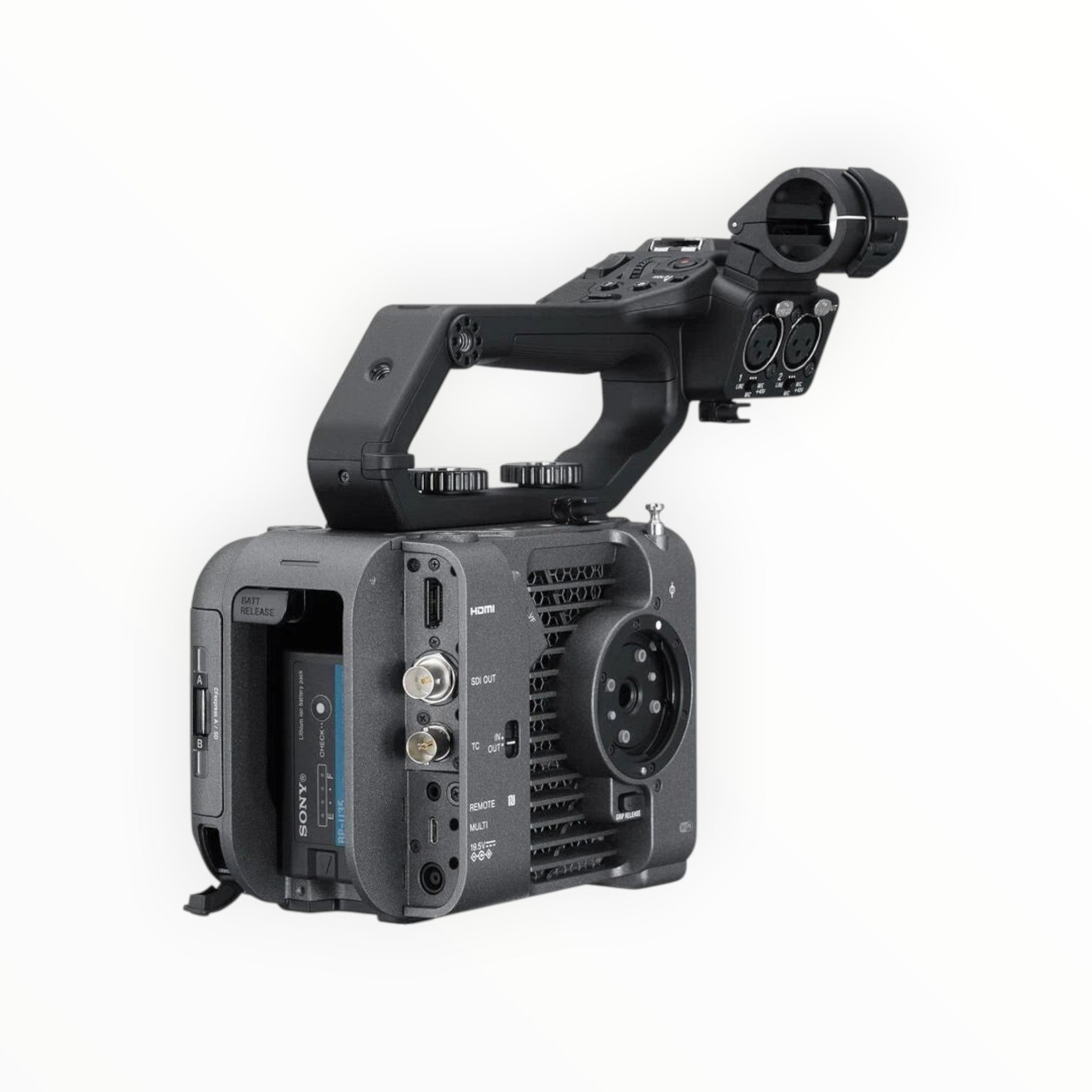 Cymer Sony FX6 cinema camera featuring a modular grey body, top handle, and professional SDI and HDMI connectivity.
