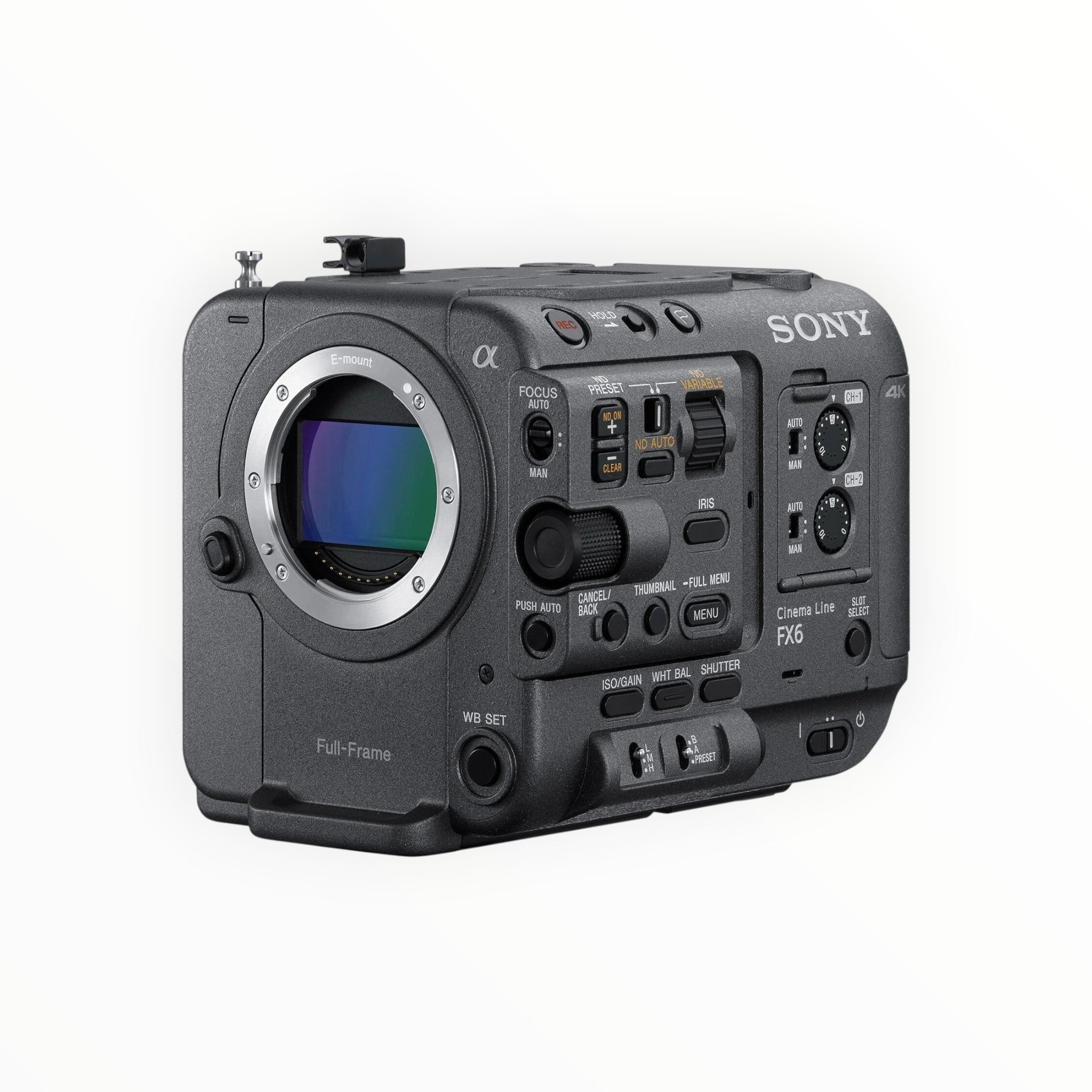 Cymer Sony FX6 Cinema Line full-frame professional video camera body with E-mount lens interface and control buttons.