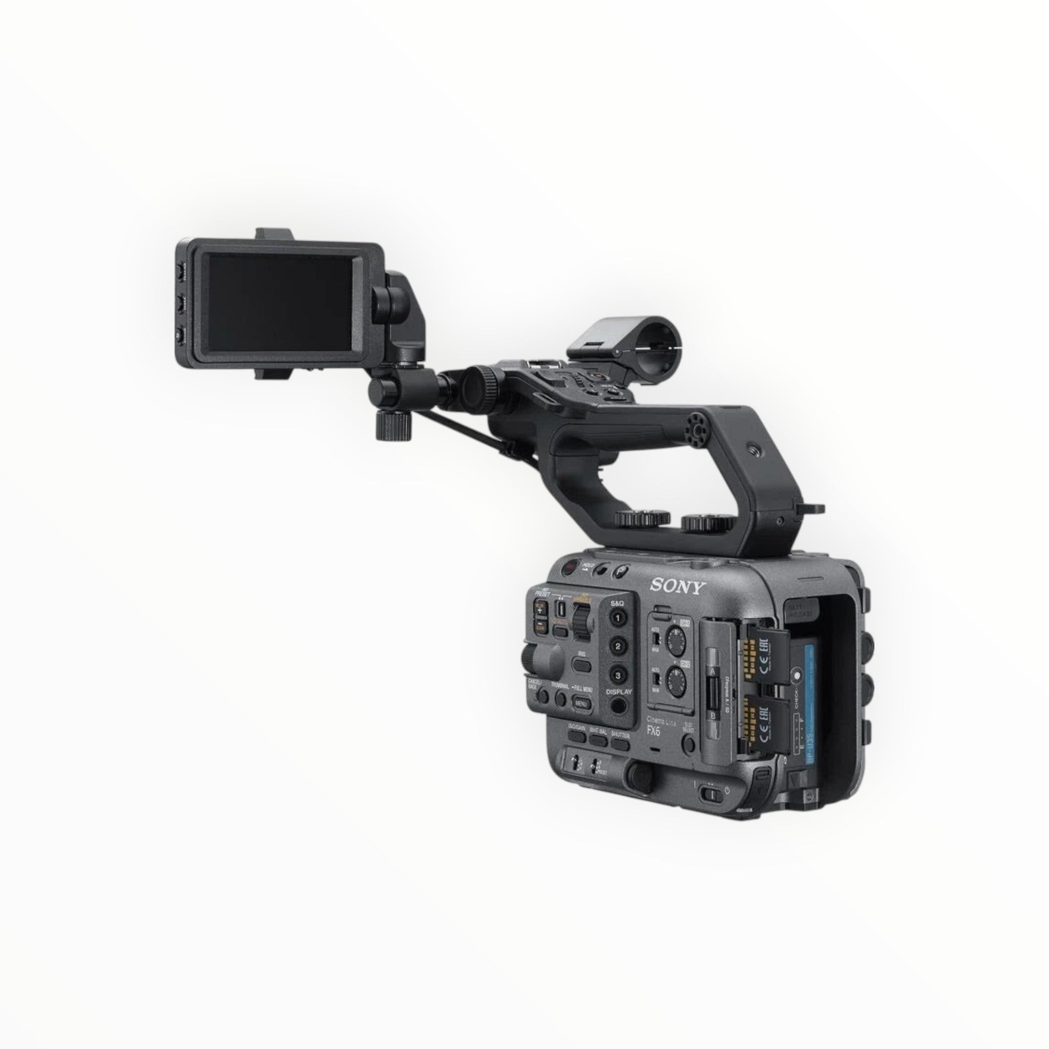 Cymer Sony FX6 full-frame cinema camera with side LCD screen, modular handle, and professional control interface.