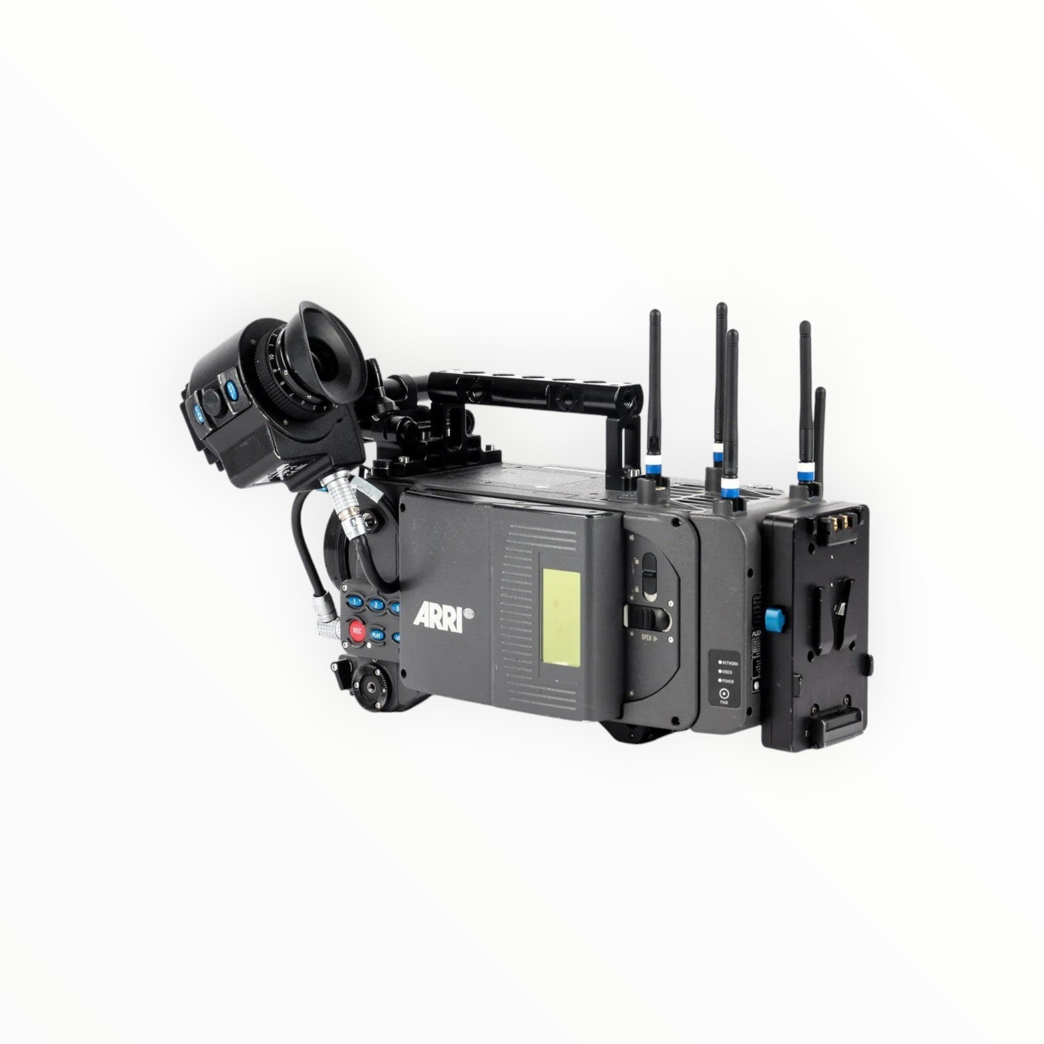 Cymer ARRI ALEXA LF professional digital cinema camera body with viewfinder and antennas on a white background