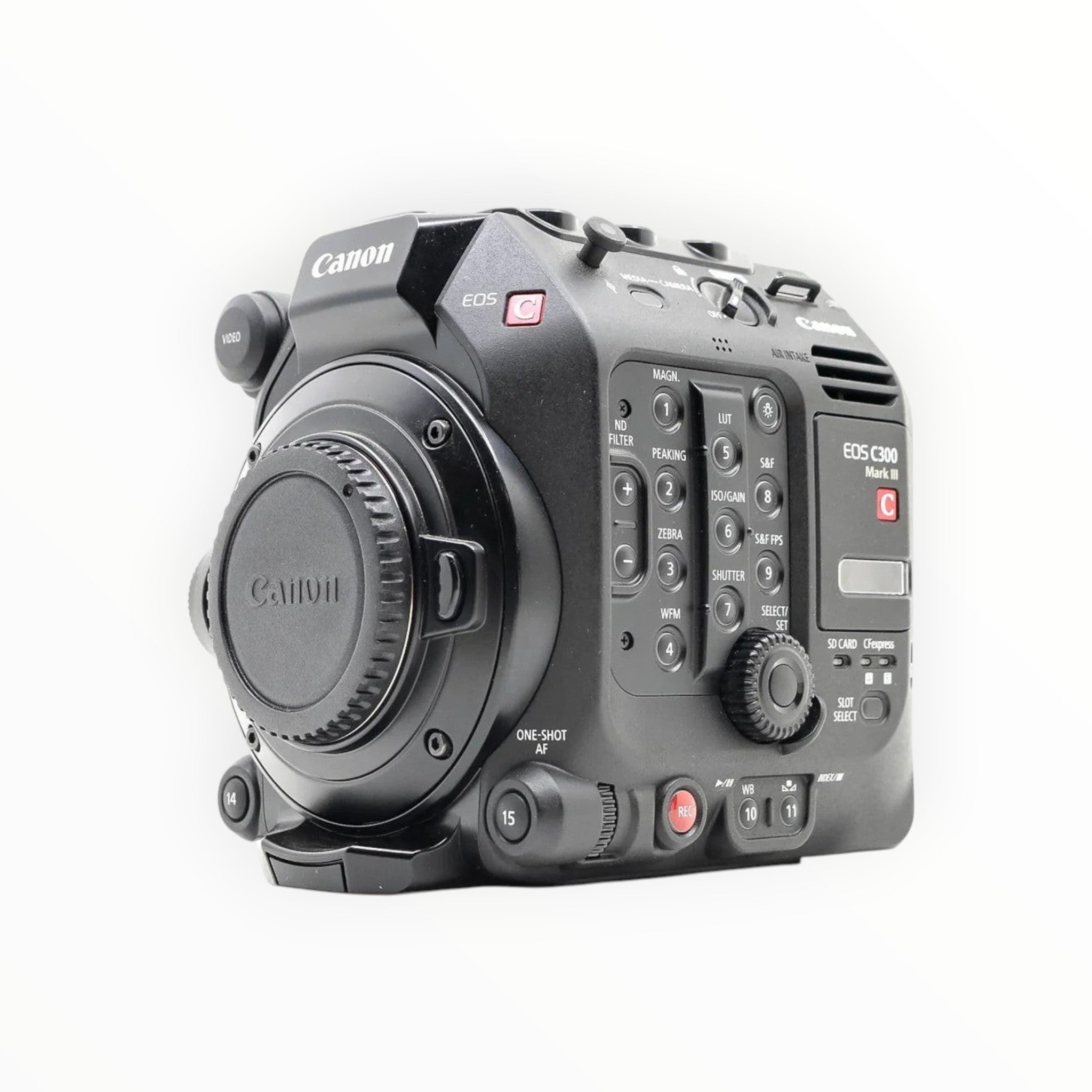 Cymer Canon EOS C300 Mark III professional cinema camera body in black with modular design and side control panel