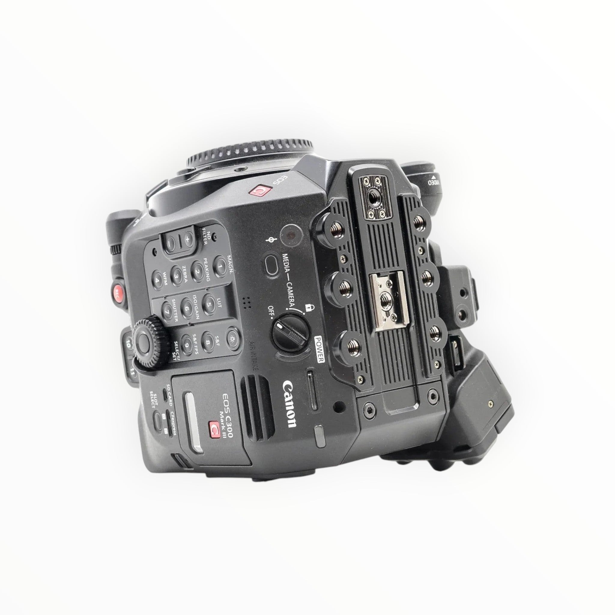 Cymer Canon EOS C300 Mark III cinema camera body featuring a modular black design, control buttons, and lens mount.