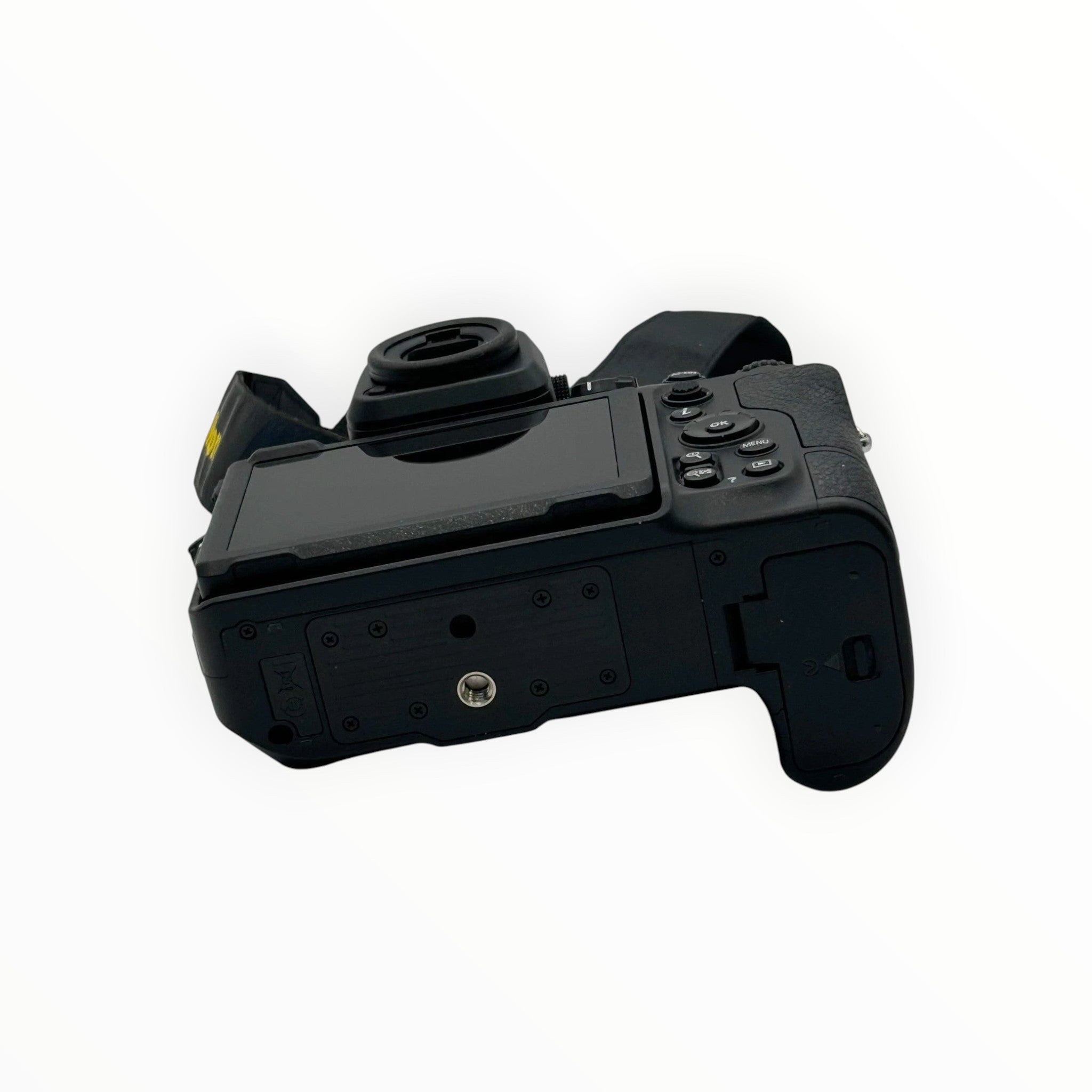 Cymer Nikon Z8 mirrorless camera body showing the bottom tripod mount, rear LCD screen, and ergonomic grip