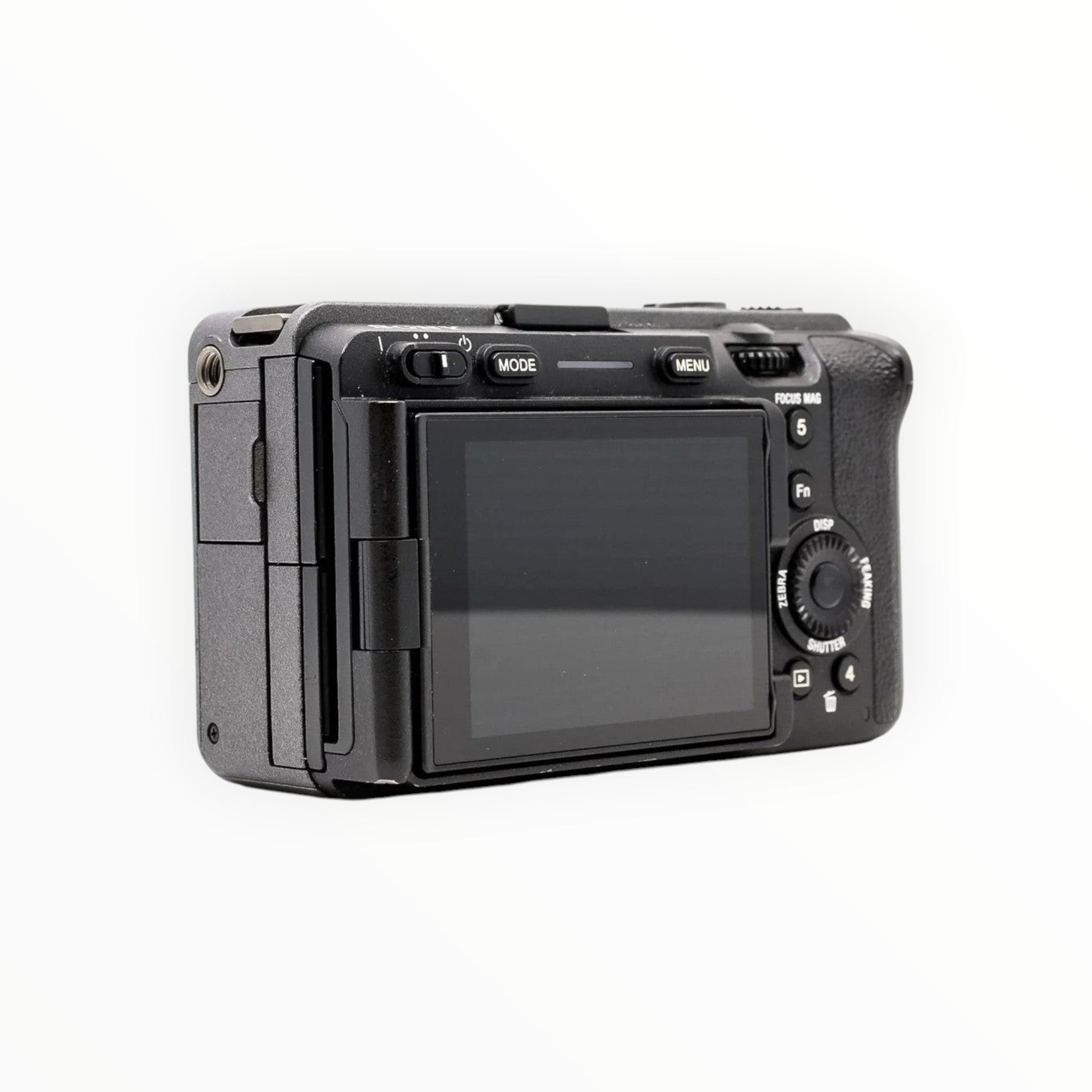 Cymer Sony FX3 cinema camera rear view showing the articulating touchscreen display and ergonomic control buttons.