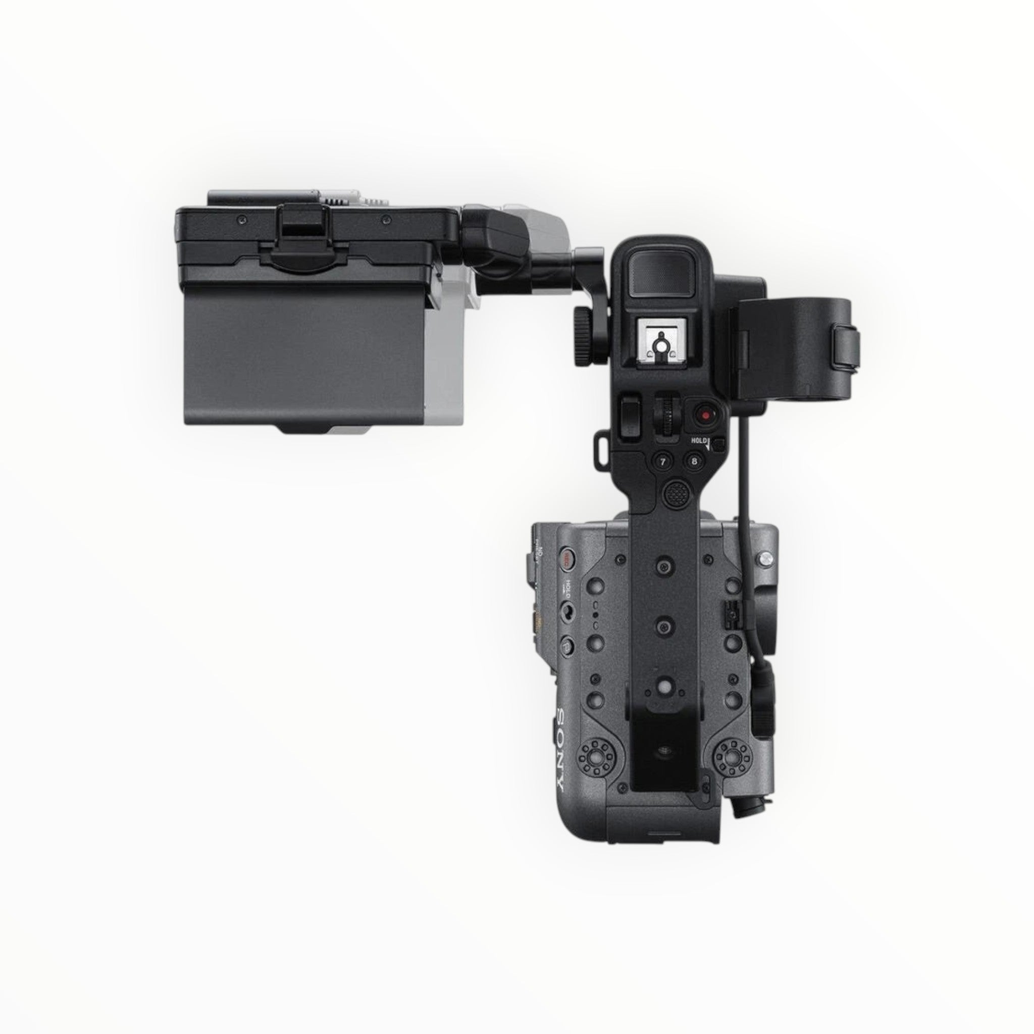 Cymer Sony FX6 cinema camera top view showing modular handle, control buttons, and articulating LCD screen