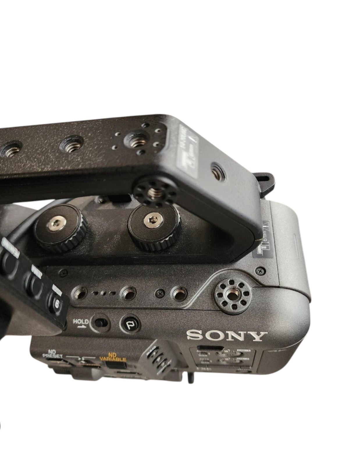 Cymer Sony FX6 cinema camera top view showing the handle, mounting points, and variable ND filter controls.