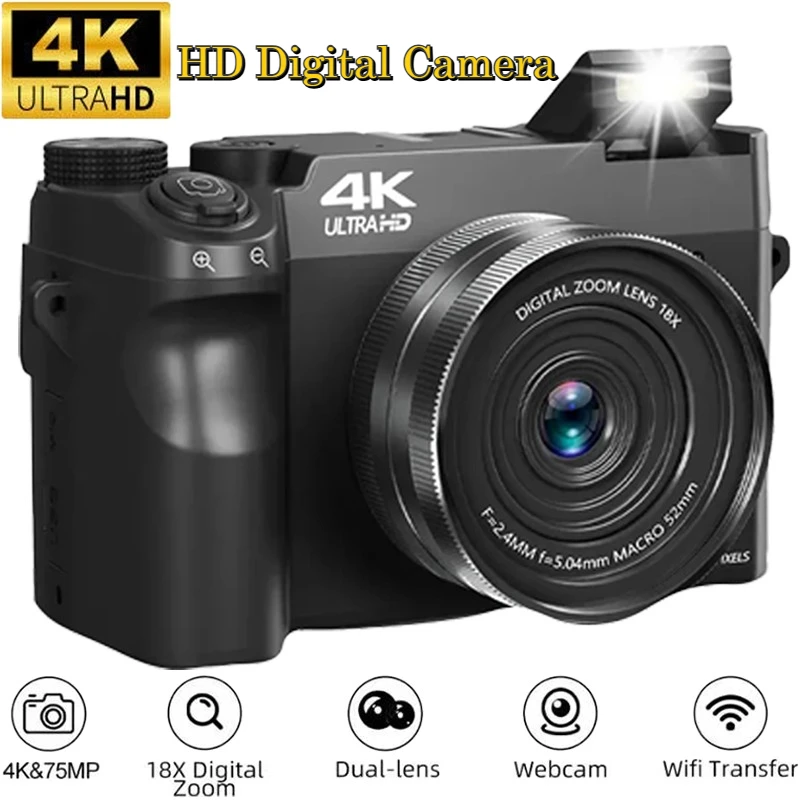 4K Dual-Camera Camcorder, 75MP, 18X Zoom